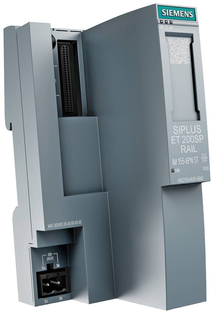 'Siemens SIPLUS ET 200SP RAIL', un dispositif de commande automatisé, présenté avec un code QR et plusieurs connexions sur la face avant.