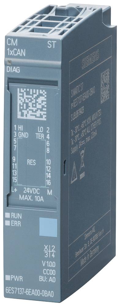 Un module de commande Siemens bleu avec différentes connexions, un marquage de code QR et des spécifications techniques sur la face avant.