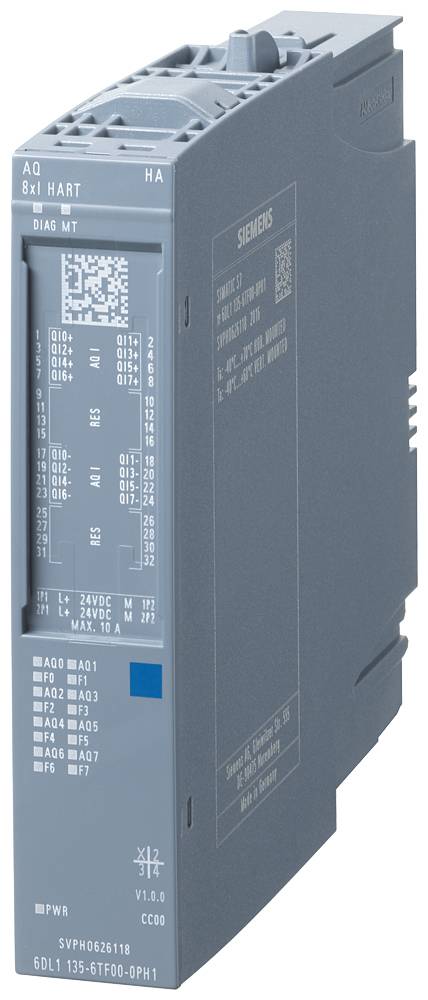 Module industriel avec diverses données techniques et connexions, boîtier gris, pour l'automatisation et le contrôle de processus.