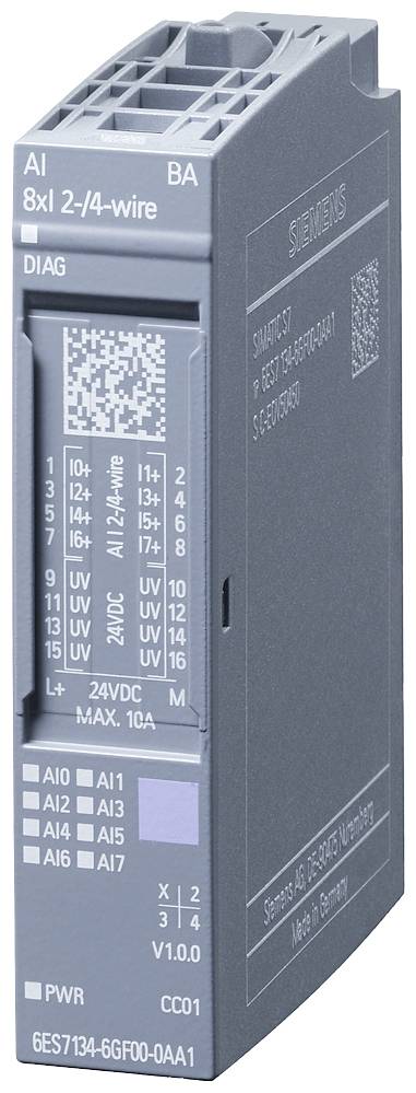 Module électronique gris-bleu avec l'étiquette '8xI 2-/4-fils'. Affiche les détails de connexion et les indications de tension. Adapté aux applications industrielles.