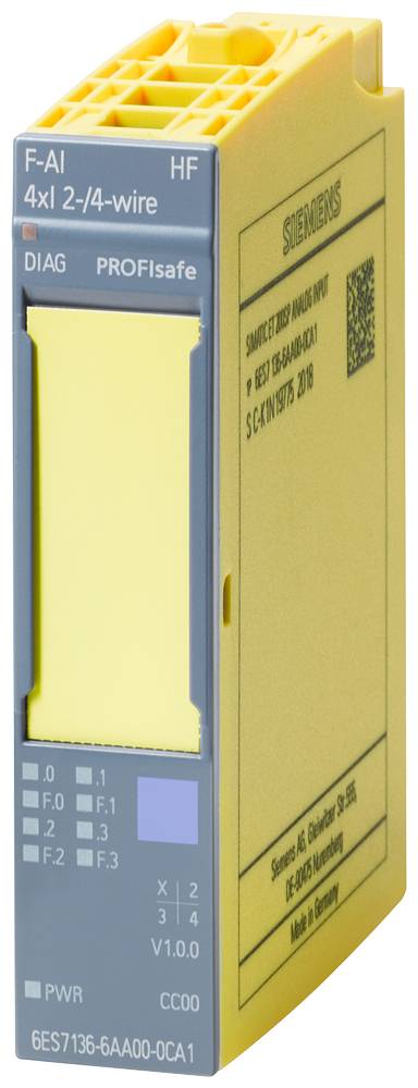 Capteur de sécurité industriel, boîtier jaune, portant l'inscription 'F-AI HF 4xI 2-/4-fils'. Logo du fabricant visible.