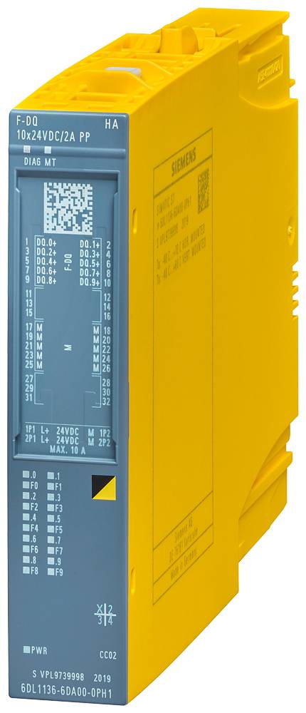 Module électrique jaune avec affichage numérique et plusieurs connexions. Des désignations techniques et des logos sont visibles.