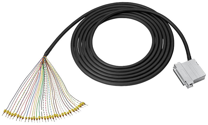 Un long câble noir avec une fiche rectangulaire à une extrémité. De l'autre côté, de nombreux fils colorés avec des connexions.