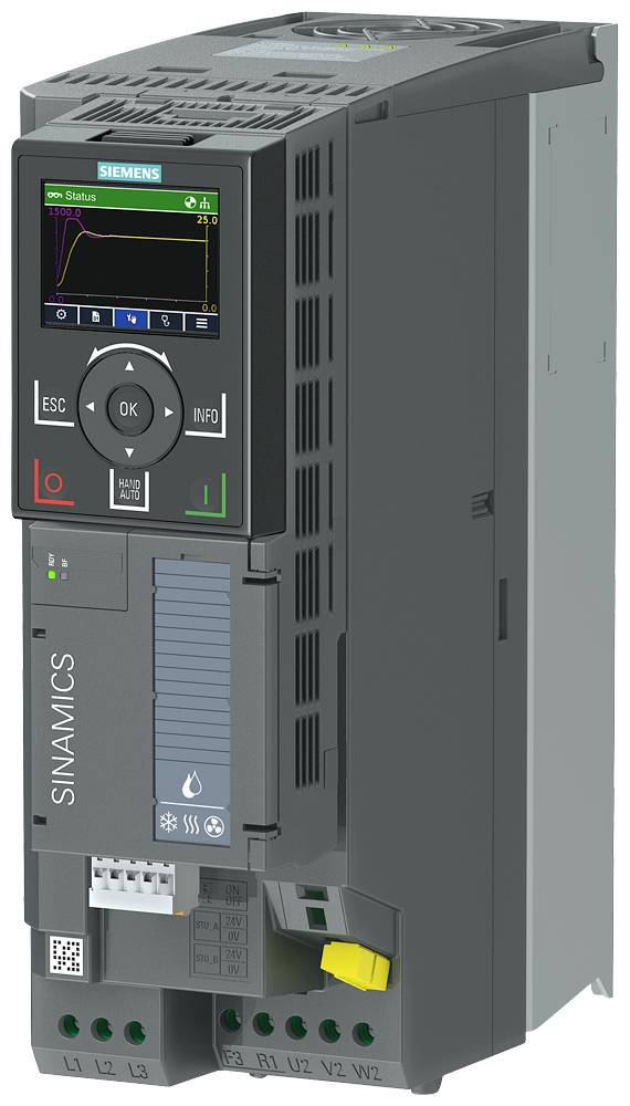 Appareil électronique avec un écran et des éléments de commande. L'inscription 'SINAMICS' est visible. Probablement un variateur de fréquence de Siemens.