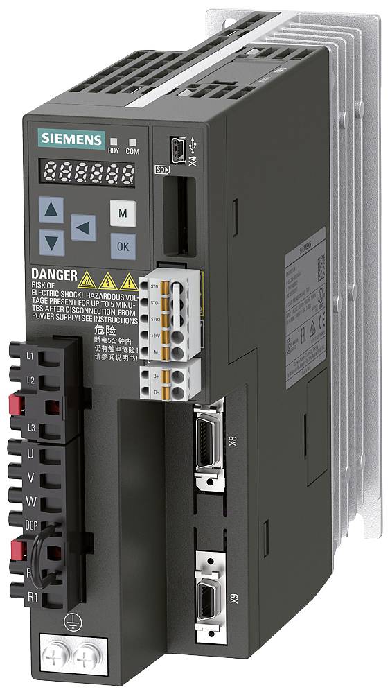 Entraînement industriel de Siemens avec connexions et affichages pour le contrôle des machines. Comprend des avertissements et des connexions techniques.