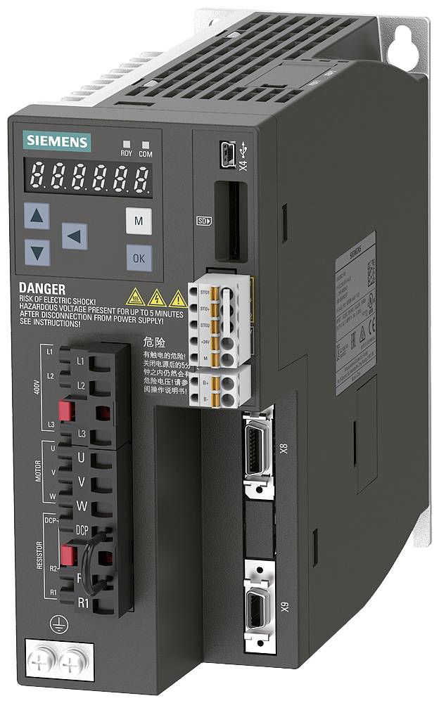 Un variateur de fréquence Siemens avec affichages numériques, touches et plusieurs possibilités de connexion.