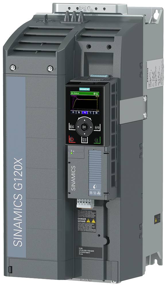 Un entraînement électrique de Siemens, type "SINAMICS G120X", avec des éléments de commande et un affichage sur la face avant.