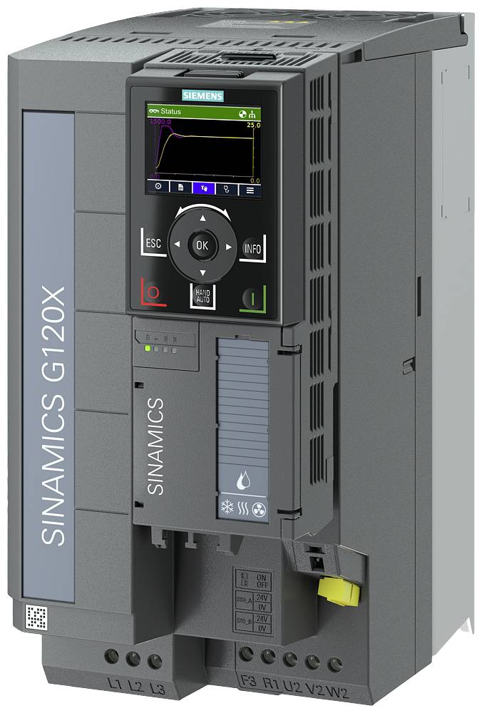 Un variateur de fréquence Siemens SINAMICS G120X dans un boîtier gris, avec affichage et clavier en façade, pour le contrôle des systèmes d'entraînement.
