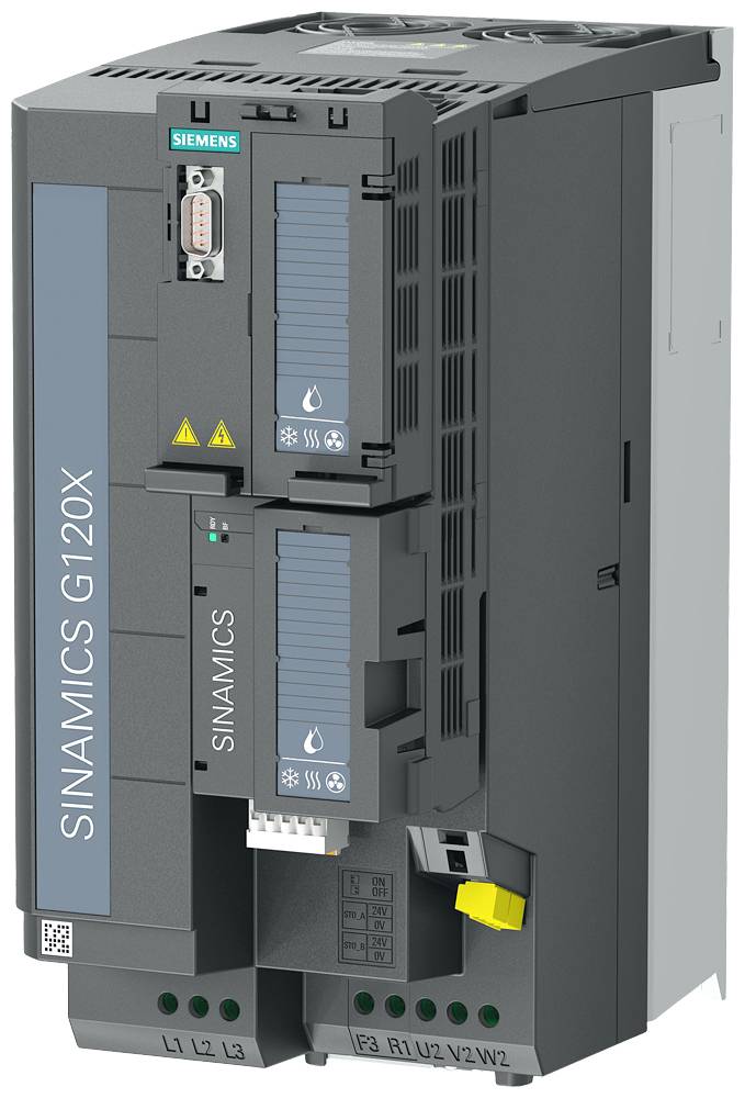 Convertisseur de fréquence industriel 'SINAMICS G120X' de Siemens, boîtier gris avec des éléments bleus, utilisé pour la commande de moteurs électriques.