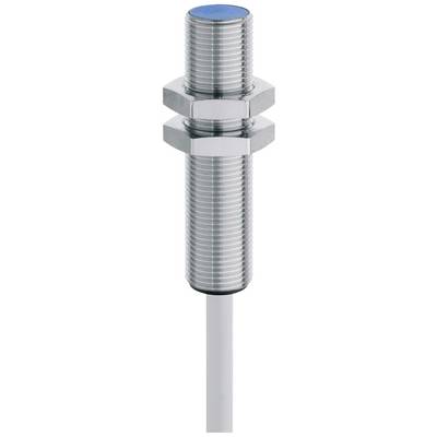 Un capteur de proximité cylindrique fileté en métal avec une extrémité en plastique bleue et un raccordement de câble en bas.
