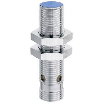 Capteur métallique cylindrique à pointe bleue, avec deux écrous hexagonaux de fixation ; design typique pour les capteurs de proximité.