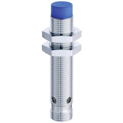 Capteur cylindrique métallique fileté avec tête en plastique bleu, conçu pour détecter la proximité ou le mouvement dans des applications industrielles.