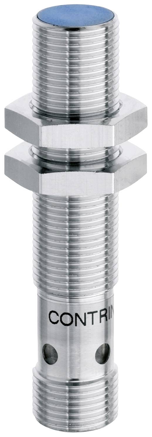 Capteur inductif cylindrique en métal avec deux écrous hexagonaux pour la fixation, portant l'inscription 'CONTRIN'.