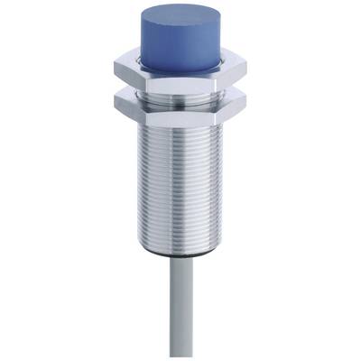 Un capteur cylindrique en argent avec un embout bleu et un filetage pour la fixation, relié à un câble gris.
