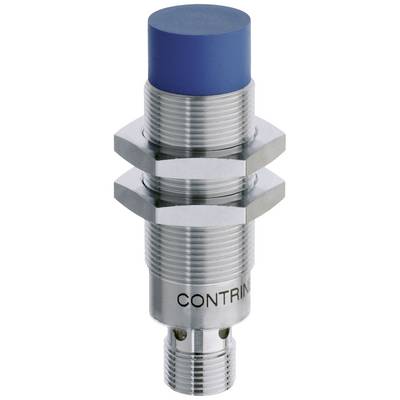 Capteur de proximité cylindrique à tête bleue, avec filetage métallique et connecteur. Adapté aux applications industrielles de détection d'objets.