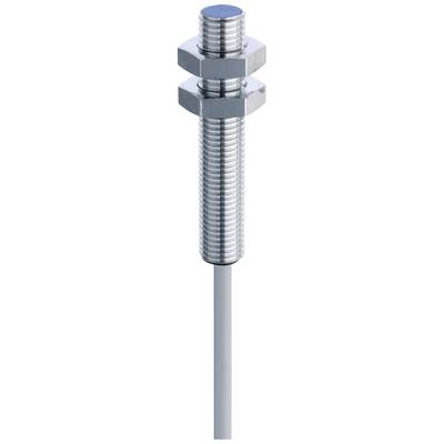 Capteur inductif cylindrique en métal, fileté, avec écrou hexagonal et connexion de câble, destiné à la détection d'objets dans l'industrie.