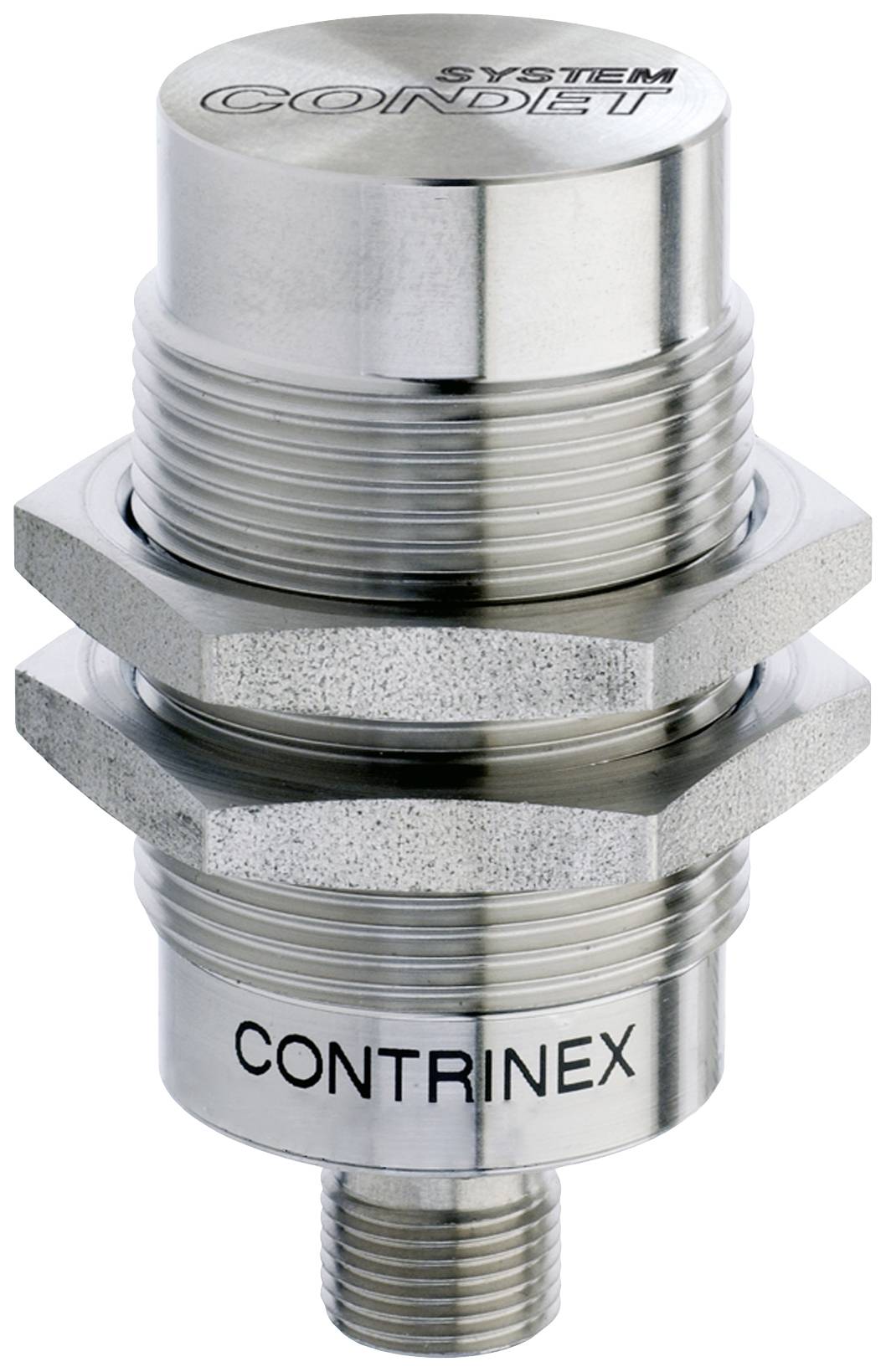 Détecteur cylindrique métallique avec les inscriptions 'SYSTEM CONDET' sur le dessus et 'CONTRINEX' sur le côté. Détecteur industriel générique.