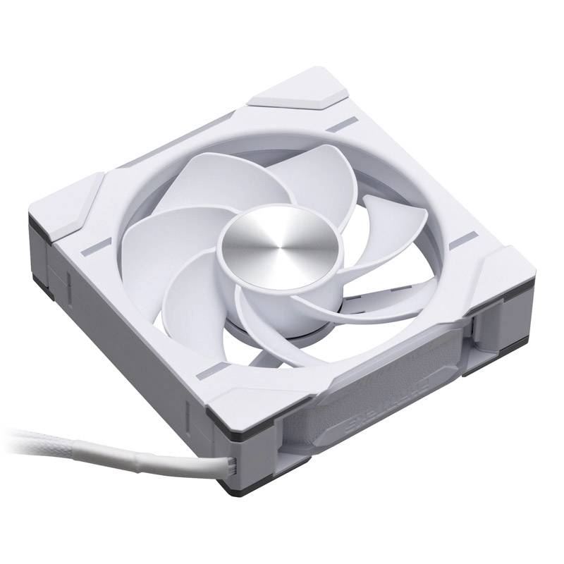 Un ventilateur blanc pour ordinateur avec plusieurs pales, monté dans un cadre carré, disposé sur le côté, adapté pour le refroidissement des PC.