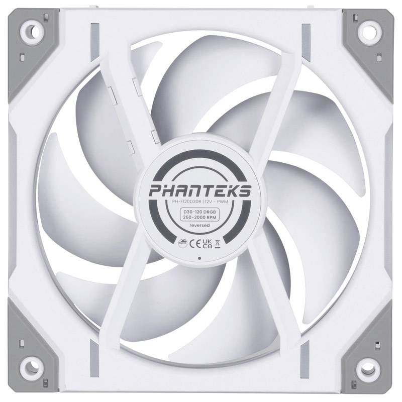 Un ventilateur blanc pour ordinateur de Phanteks avec des accents gris et un logo central.