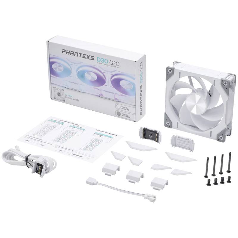 Ensemble de ventilateurs comprenant un ventilateur PC blanc, son emballage, câbles, vis et accessoires. Marque : Phanteks. Modèle : D30-120.