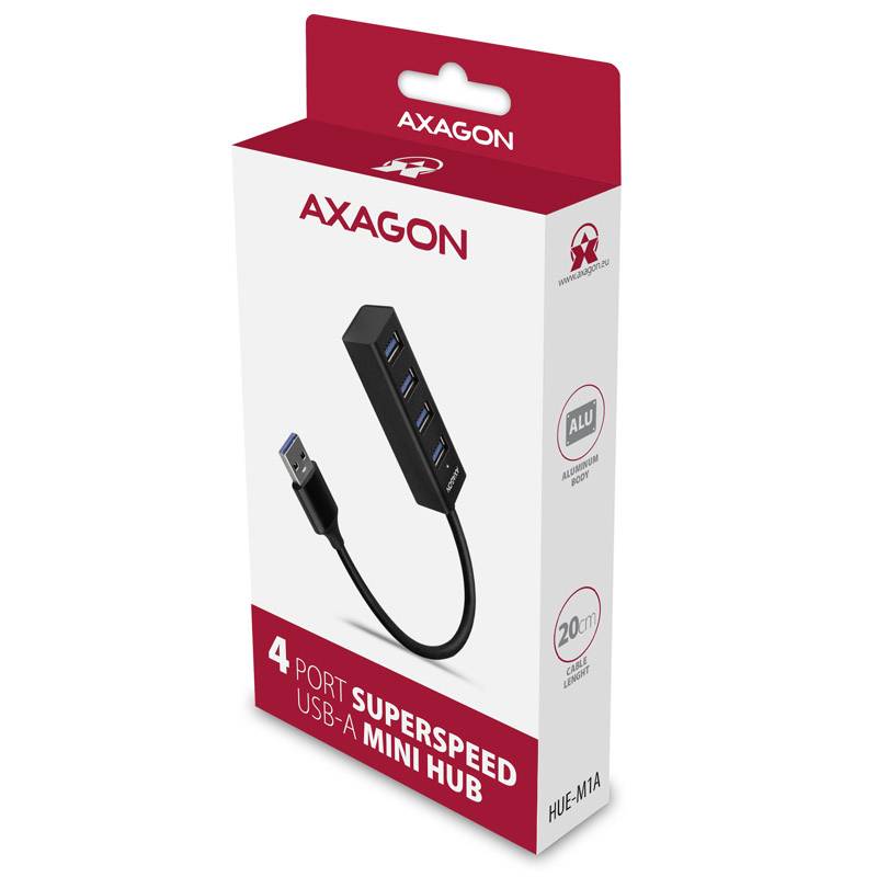Emballage d'un hub USB-A Mini Superspeed 4 ports d'Axagon, présentant l'image du produit, l'entreprise et les principales caractéristiques techniques.