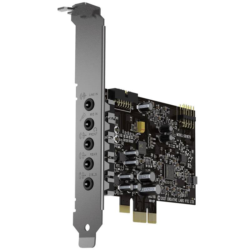 Carte son interne avec plusieurs ports audio et composants électroniques, présentée de côté. Adaptée aux ordinateurs de bureau.