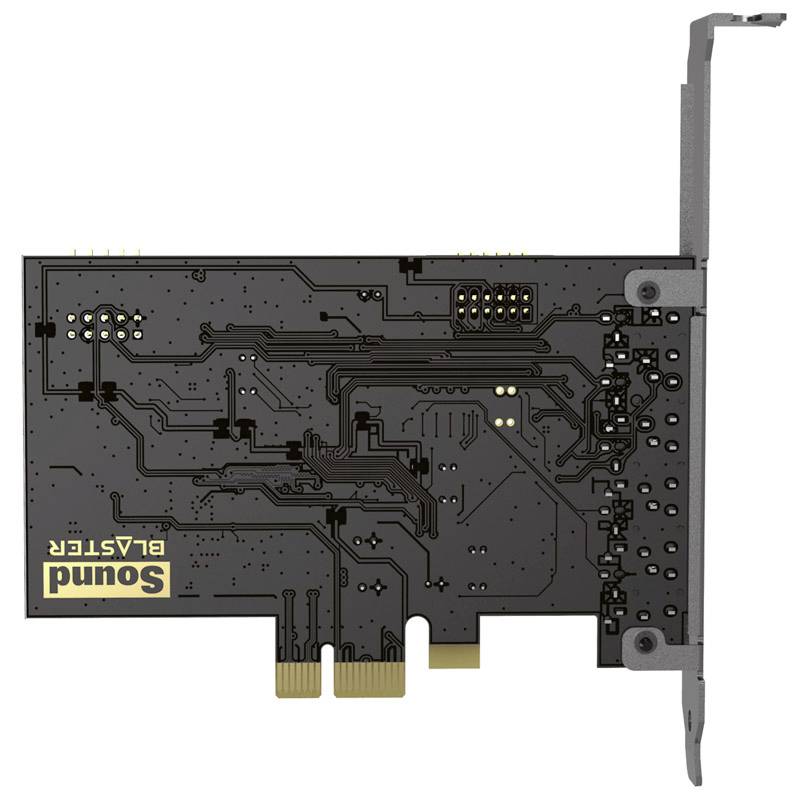Verso d'une carte son avec des circuits électroniques visibles et un logo doré 'Sound Blaster'. Comprend une interface PCIe pour installation sur ordinateur.