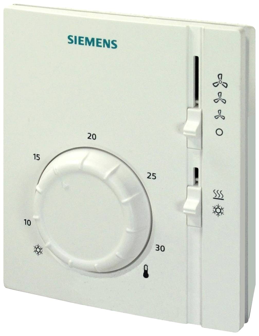 Régulateur thermostatique blanc Siemens avec bouton rotatif pour régler la température entre 5°C et 30°C, curseur pour les vitesses de ventilateur et symbole de chauffage.