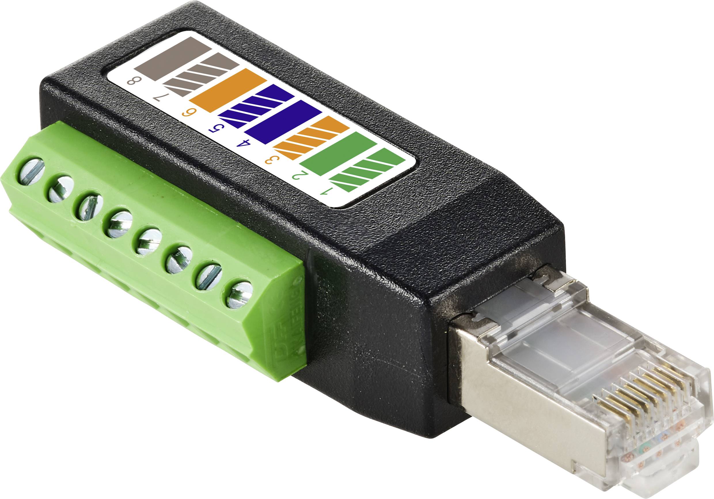 Une prise RJ45 avec des connexions de câbles codées par couleur, numérotées de 1 à 8, utilisées pour le branchement de câbles réseau.