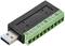 Un adaptateur USB vers TTL noir avec des bornes à vis vertes sur le dessus, adapté pour la connexion d'appareils électroniques.