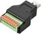 Adaptateur USB noir vers bornier avec des bornes de connexion vertes et des leviers oranges, permettant de raccorder des fils à des appareils USB.