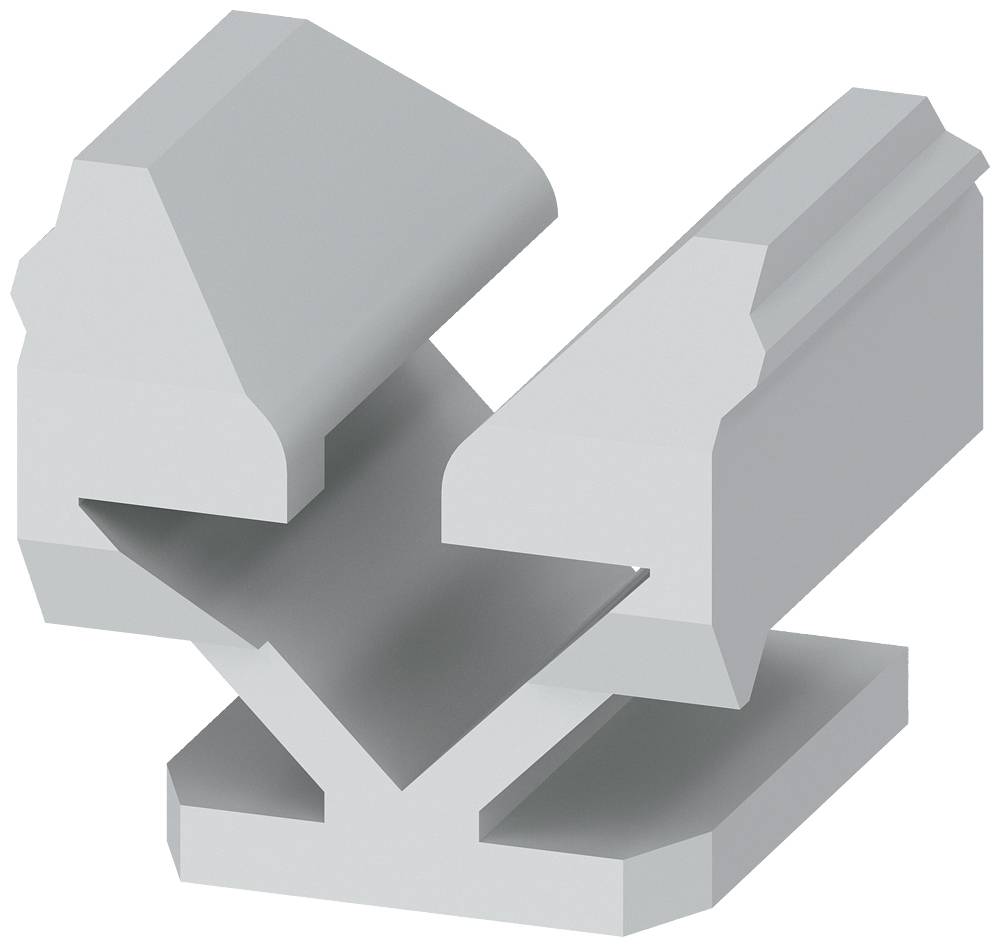 Pièce d'outil métallique avec une ouverture symétrique en forme de V sur un socle rectangulaire, probablement destinée à la déformation de matériaux.