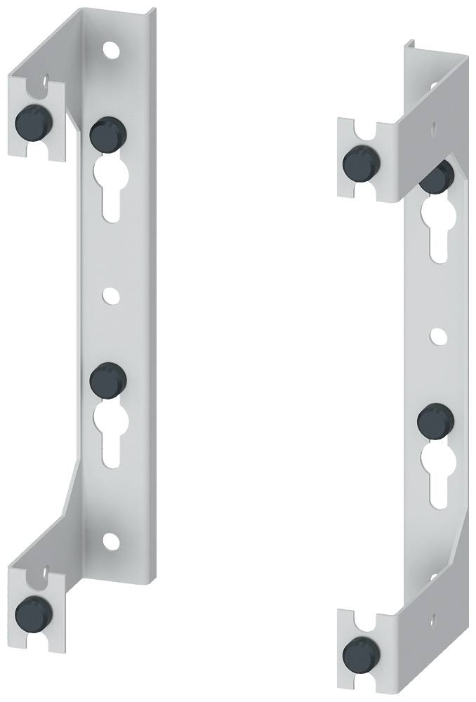 Deux supports métalliques blancs avec des vis noires, disposés de manière symétrique. Ils sont destinés à être fixés au mur.
