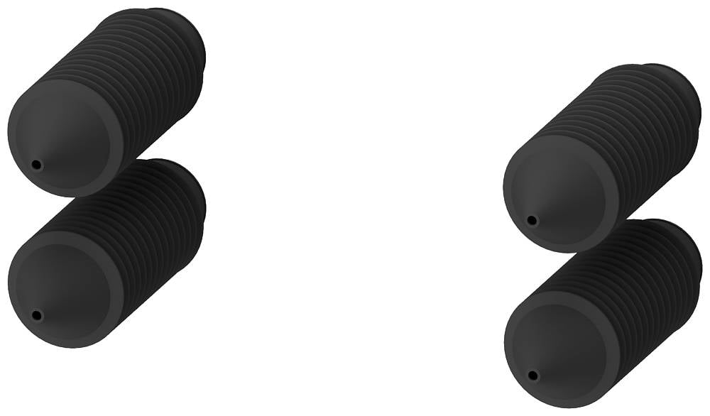 Quatre pièces noires cylindriques, deux de chaque côté, disposées horizontalement côte à côte, semblent être des composants techniques.