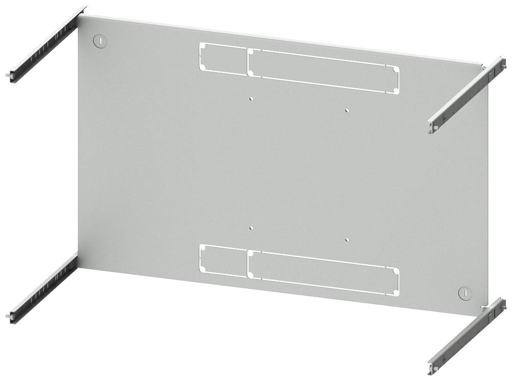 Plaque métallique avec des découpes, fixée sur quatre supports métalliques. Les supports dépassent aux coins.