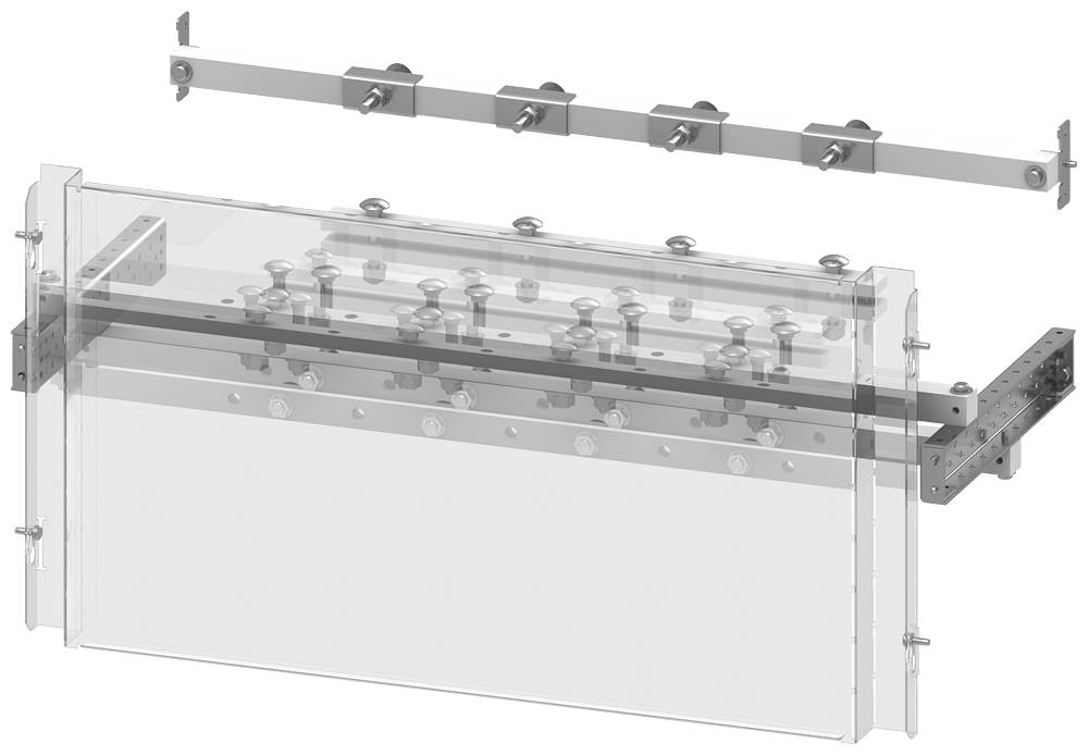 Un système de support mural avec une plaque de verre et des rails métalliques, montrant une méthode de fixation et des composants structurels pour une fixation durable.
