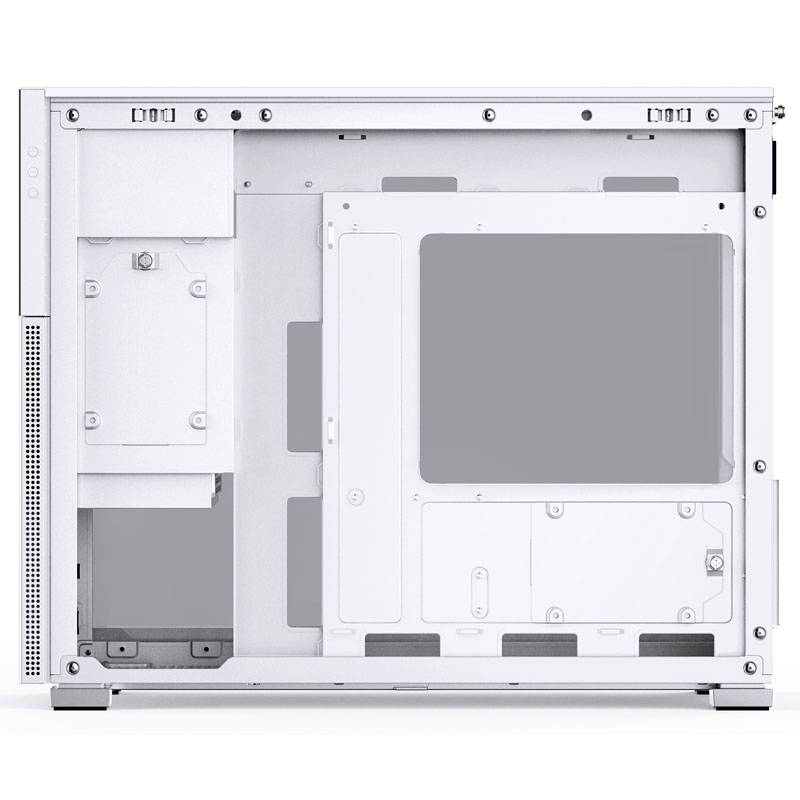 Un boîtier d'ordinateur blanc vu de côté montre sa structure interne. On peut apercevoir les fixations pour différents composants.