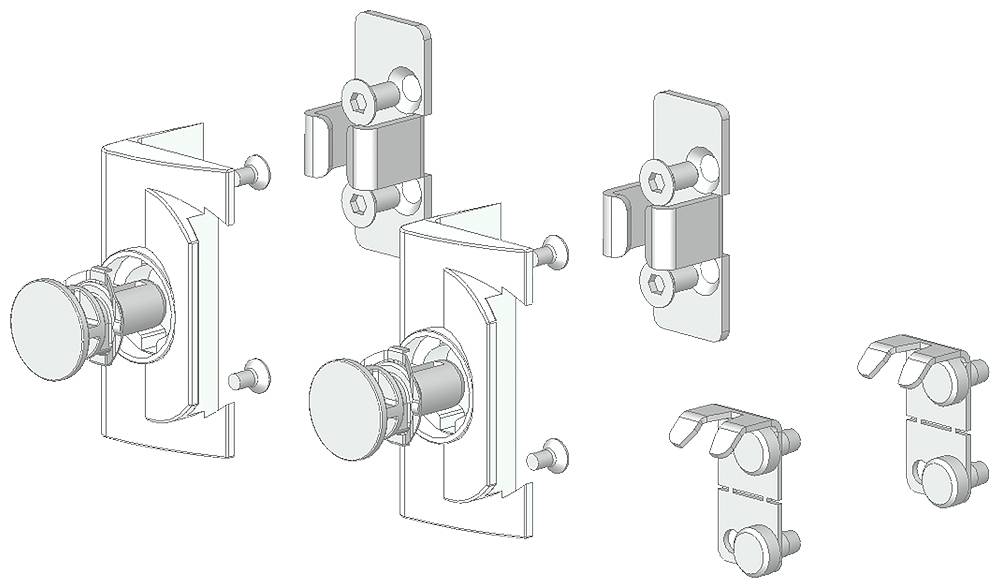 Diagramme d'une installation de poignée de porte avec vis. Montre les étapes et les composants : bouton, pinces, plaques, éléments de fixation.