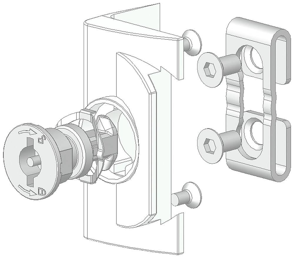 Vue éclatée d'une serrure de porte avec cylindre, plaque frontale, pince de maintien et vis. Illustre la disposition de montage des différents composants.