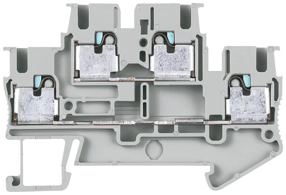 Un bloc de connexion électrique gris avec plusieurs points de connexion et contacts métalliques. Principalement utilisé pour le câblage électrique et les installations électriques.