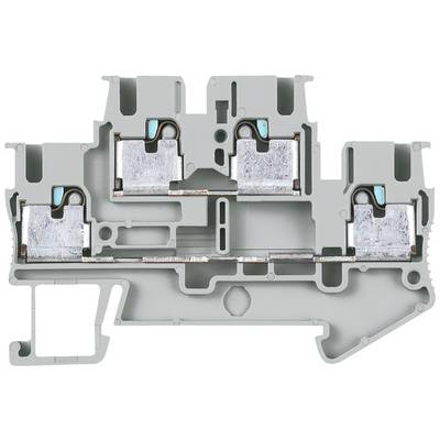 Un bloc de connexion électrique gris avec plusieurs points de connexion et contacts métalliques. Principalement utilisé pour le câblage électrique et les installations électriques.