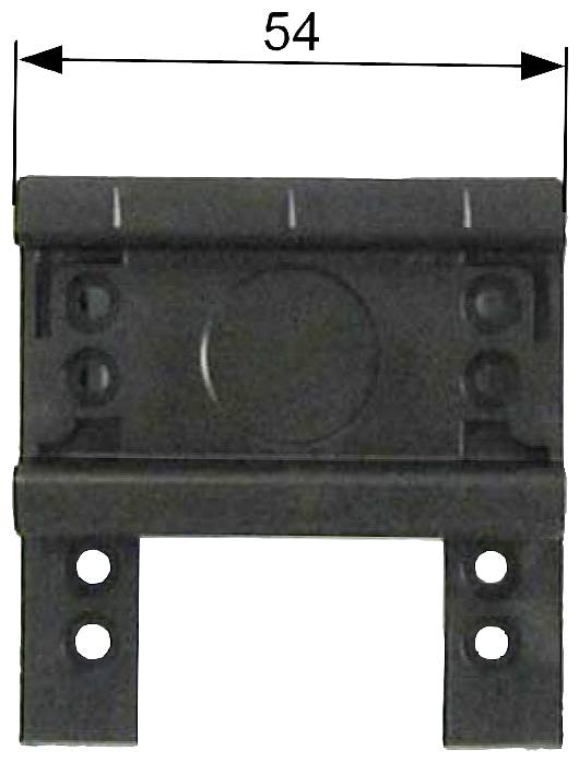 Pièce métallique avec deux éléments disposés en parallèle. Quatre trous aux angles. Largeur : 54 mm.