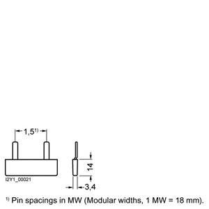 Le diagramme présente un connecteur rectangulaire de 3,4 mm de largeur et 14 mm de hauteur. Les espacements des broches sont de 1,5 MW (largeur modulaire).