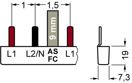 'Schéma de connexion d'un composant électrique : Trois broches de connexion marquées L1, L2/N, AS/FC. Dimensions : espacement de 1,5 mm, hauteur de 9 mm. Vue latérale montrant une largeur de 7,3 mm, une hauteur de 19 mm.'