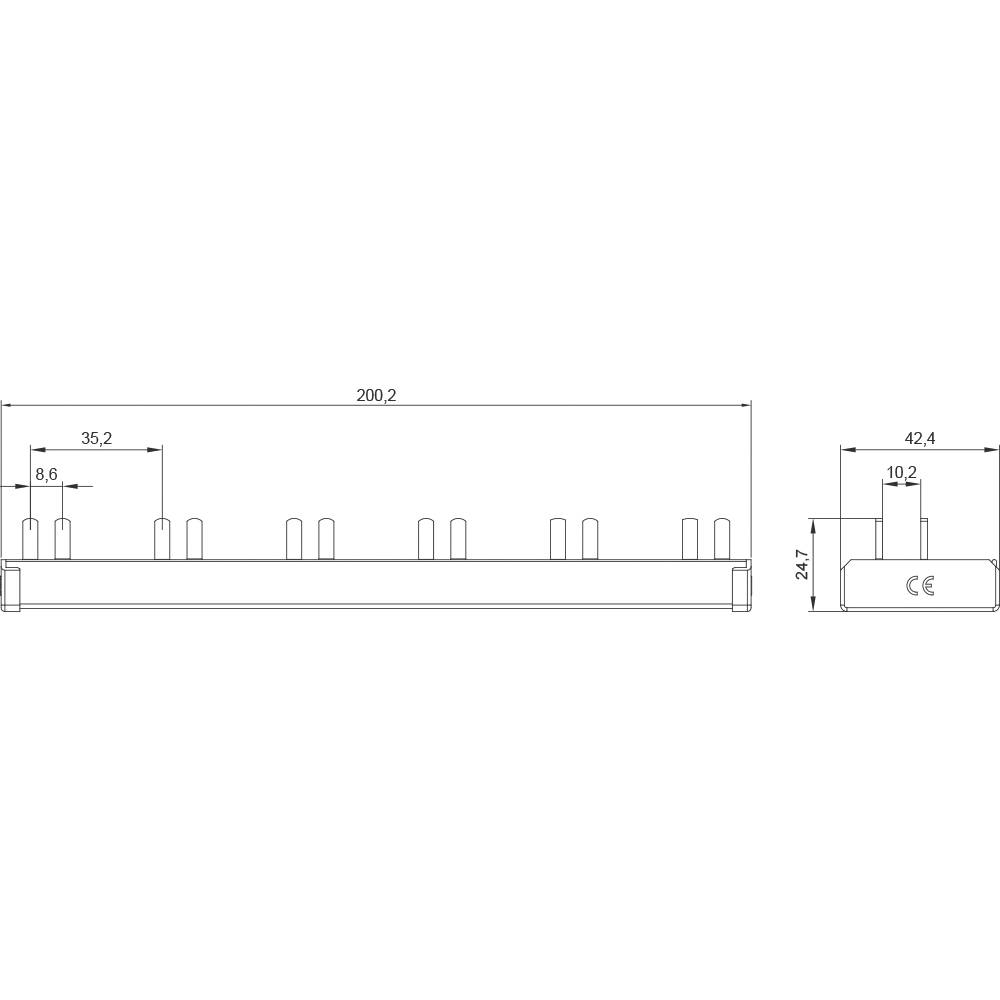 Dessin technique d'un composant avec dimensions : Longueur 200,2 mm, Hauteur 24,7 mm. Marquage 'CE' visible.