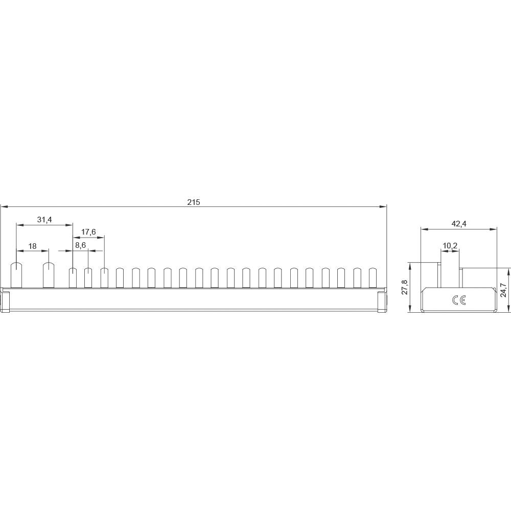 Dessin technique d'un composant avec dimensions : longueur 215 mm, hauteur 27,8 mm, largeur 42,4 mm. Présente la forme et la structure du composant.