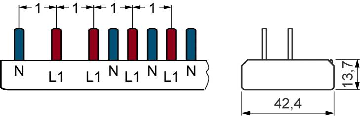 Schéma d'un répartiteur électrique à huit bornes, étiqueté avec N et L1. La coupe transversale indique des dimensions de 42,4 mm x 13,7 mm.