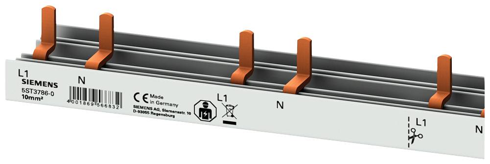 Barre omnibus électrique de Siemens avec des connexions et des étiquettes orange, portant les mentions 'L1', 'N' en blanc sur un fond gris.