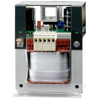 Transformateur avec enroulement et connexions visibles. Composants électroniques sur la carte électronique en haut. Composant principal dans les systèmes d'alimentation électrique.