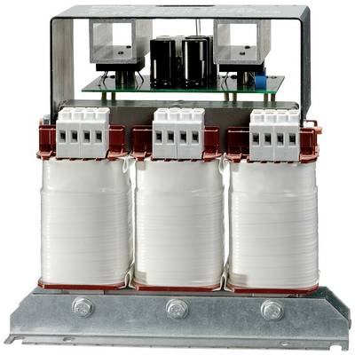 'Filtre électrique avec trois grands condensateurs et un circuit imprimé dans la zone supérieure. Sert à réduire les harmoniques.'